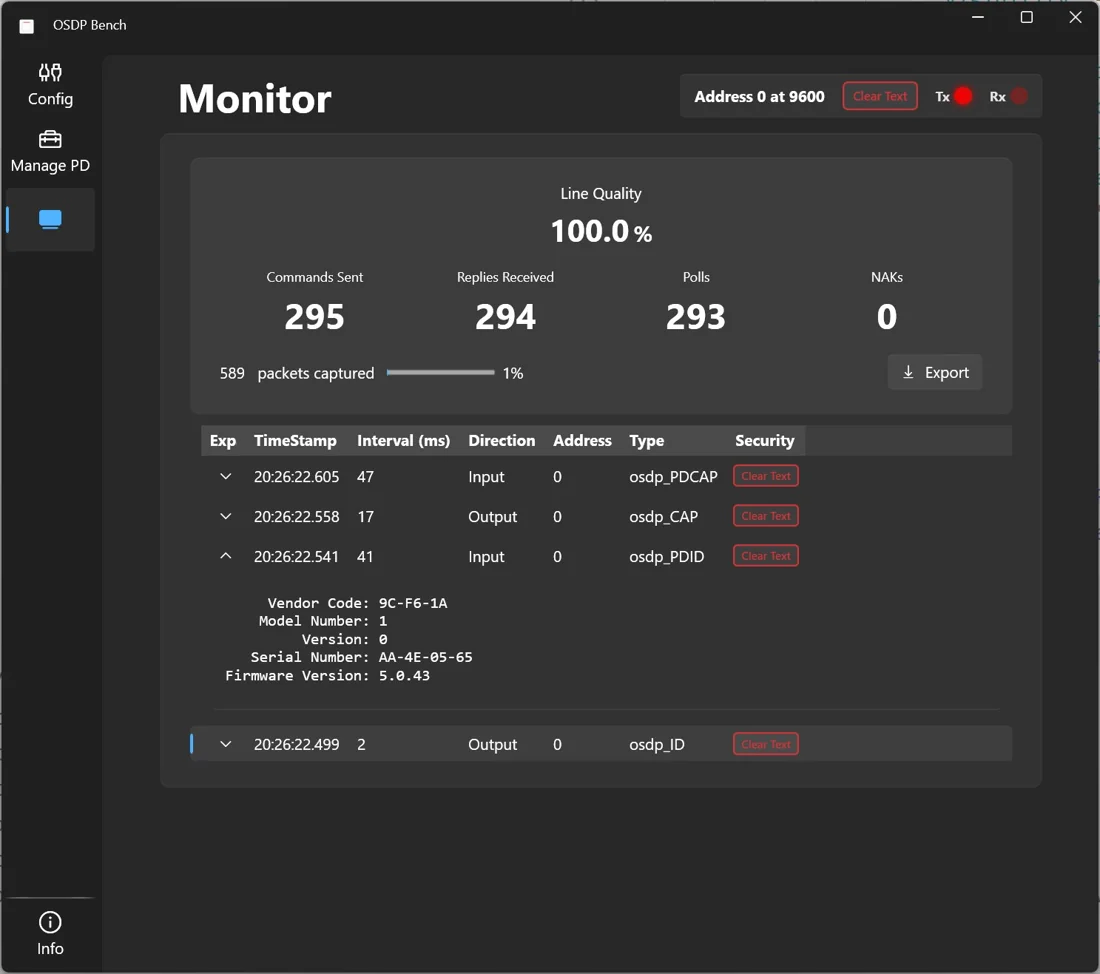 OSDP Bench Monitor view showing 100% line quality, command and reply counts, and a decoded osdp_PDID reply